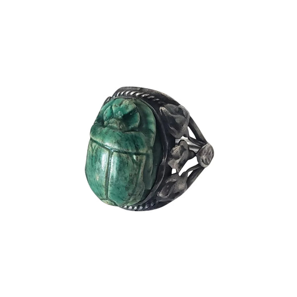 1920s Egyptian Revival Sterling Silver Faience Scarab Ring