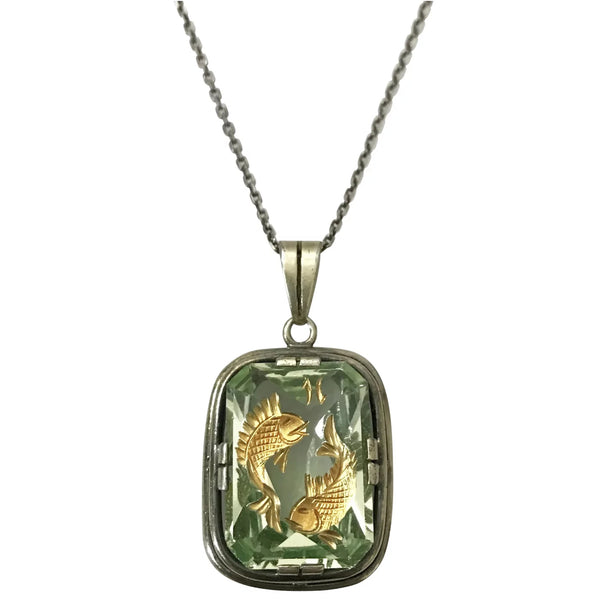 1930s Silver Vermeil Pisces Intaglio Pendant Necklace