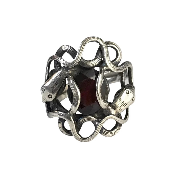1930s Two Headed Snake Ring in Sterling Silver with Garnet