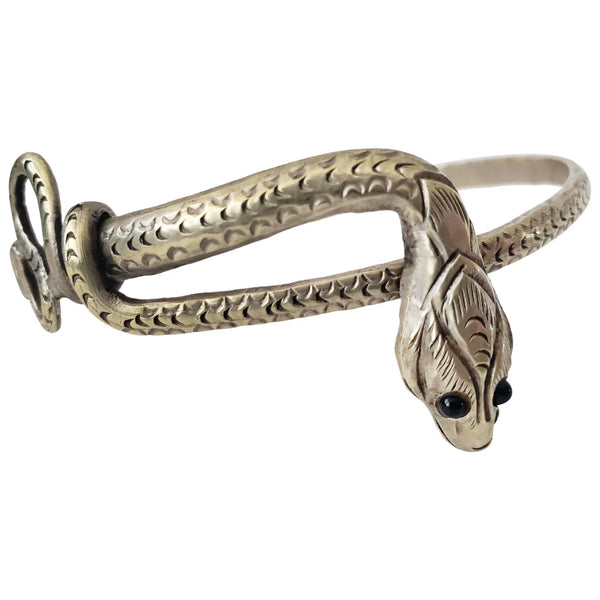 1940s Handwrought White Brass Snake Bracelet with Onyx Eyes
