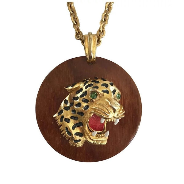 1970s Florenza Wood and Enamel Panther Necklace