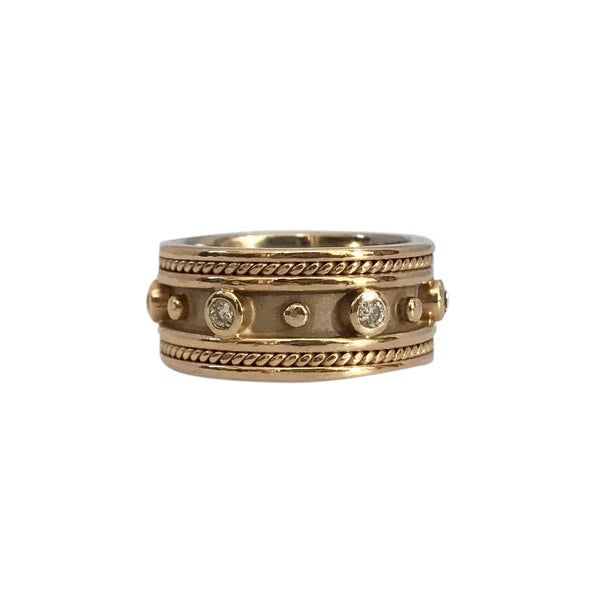 1980s Byzantine Style 14k Gold Wide Cigar Band with .18ct Diamonds
