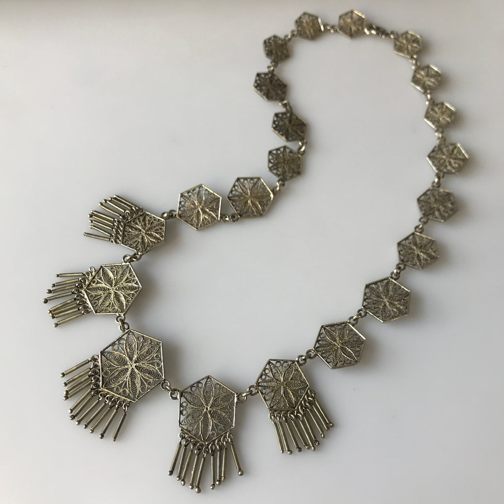 1920s Italian Silver Vermeil Filigree Necklace with Fringe – Icon Style