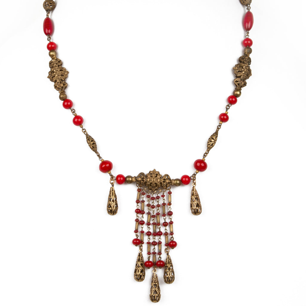 Czech Red Pressed Glass Bead Necklace - Garden Party Collection