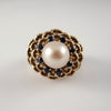 1960s 14K Gold Cultured Pearl and Sapphire Basket Weave Cocktail Ring