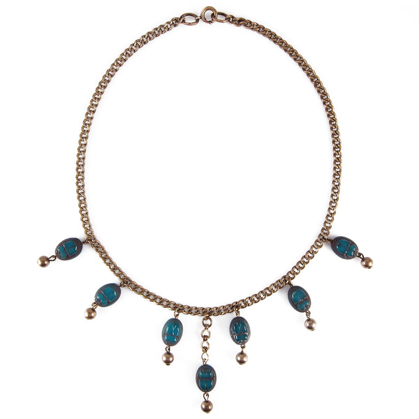 1920s Czech Glass Egyptian Revival Scarab Bib Necklace