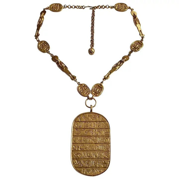 1970s Kenneth Lane Egyptian Revival Hieroglyphic Cartouche Sekhmet Necklace
