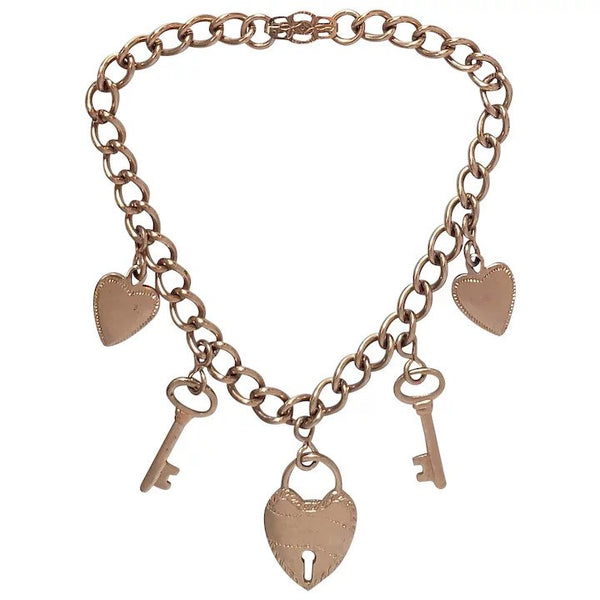 1940s Rose Gold Filled Heart and Key Charm Bracelet