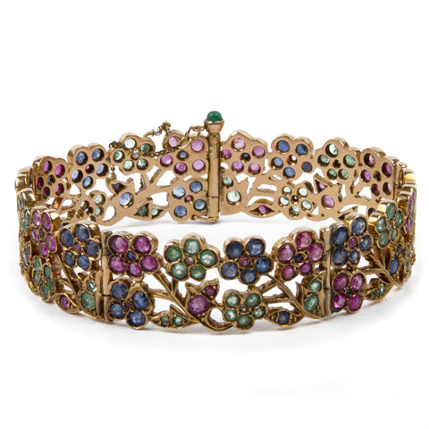 Retro Sapphires, Emeralds, & Diamonds Floral Bracelet in 14K Rose Gold