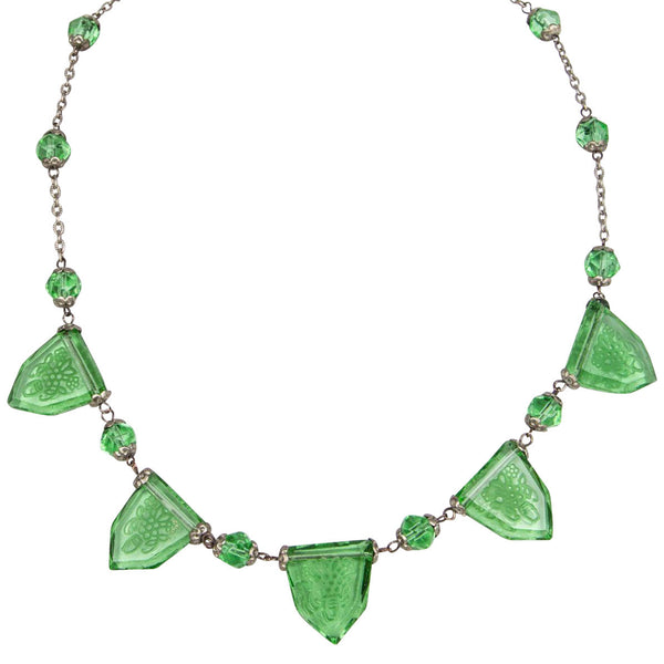 1920s Art Deco Green Reverse-Carved Czech Glass Necklace