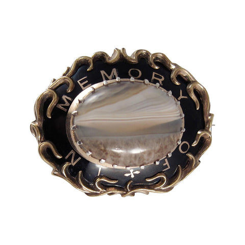 "In Memory Of" Victorian Gold Filled Mourning Brooch Enamel and Agate