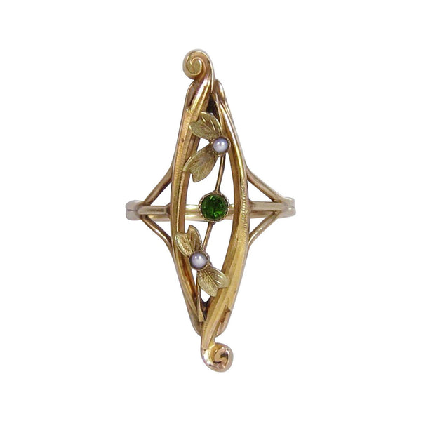 Art Nouveau 14K Gold Floral Navette Ring with Tourmaline and Pearl
