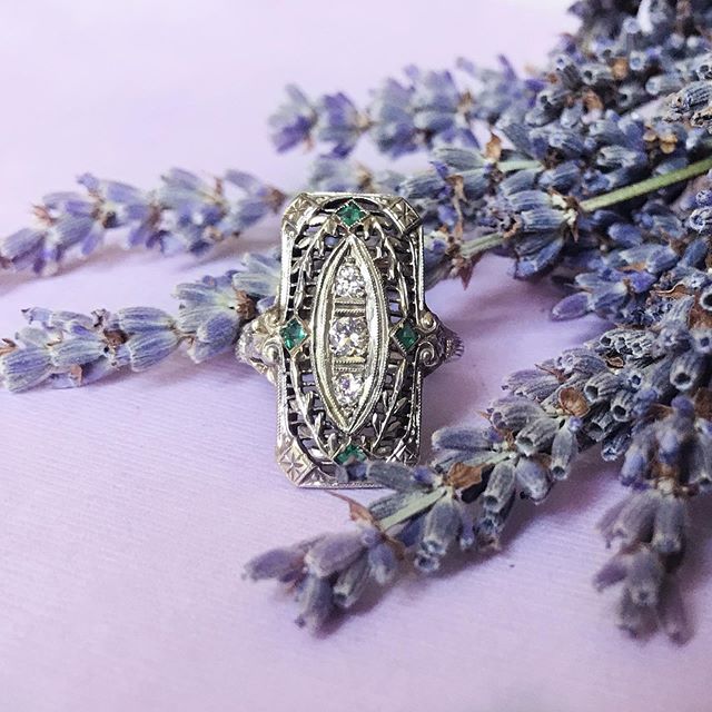 18k White Gold Edwardian Filigree Ring with Diamonds and Emeralds