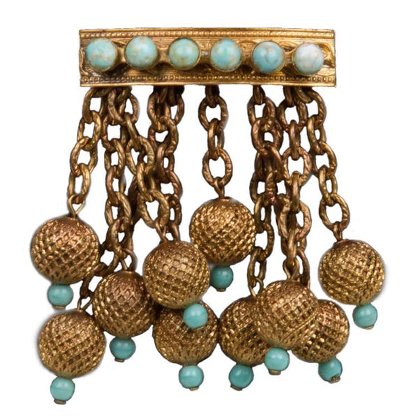 1930s Etruscan Revival Gilt Brass & "Turquoise" Czech Glass Brooch