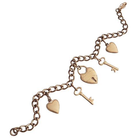 1940s Rose Gold Filled Heart and Key Charm Bracelet
