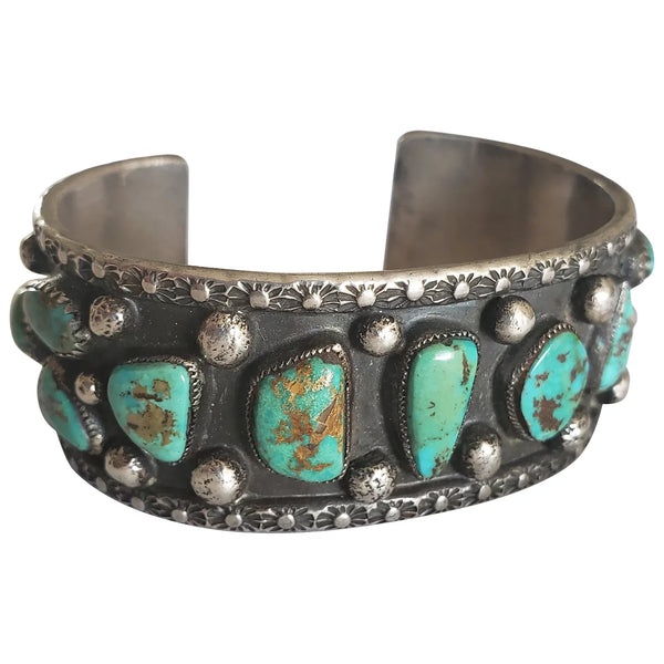 1950s Native American Old Pawn Sterling Silver and Turquoise Cuff Bracelet