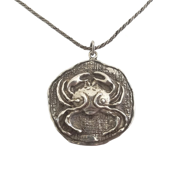 1970s Mid-Century Modern Sterling Silver Zodiac Cancer Crab Pendant Necklace