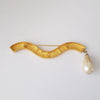 1980s Karl Lagerfeld Gold-Tone Satin Finish Brooch with Faux Pearl Drop