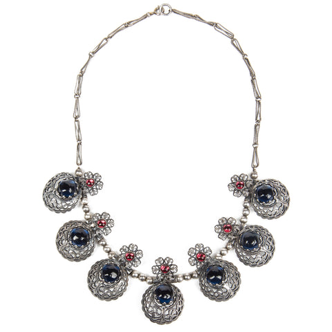 1930s Filigree Necklace with Ruby & Sapphire Glass