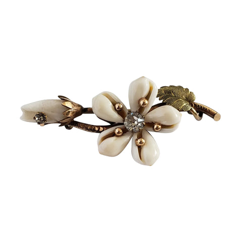 Circa 1860 Early Victorian Cowrie Shell Green and Yellow Gold-Filled Flower Brooch