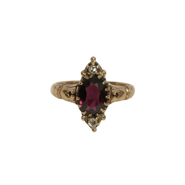 Circa 1890 Ripley-Howland Mfg Co. 10k Gold Rhodolite Garnet and Rose Cut Diamond Navette Ring