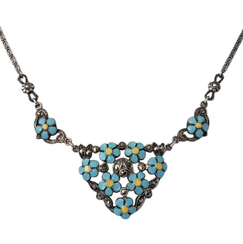 Unusual 1930s Italian Sterling Silver, Enamel, and Marcasite Forget-me-not Necklace