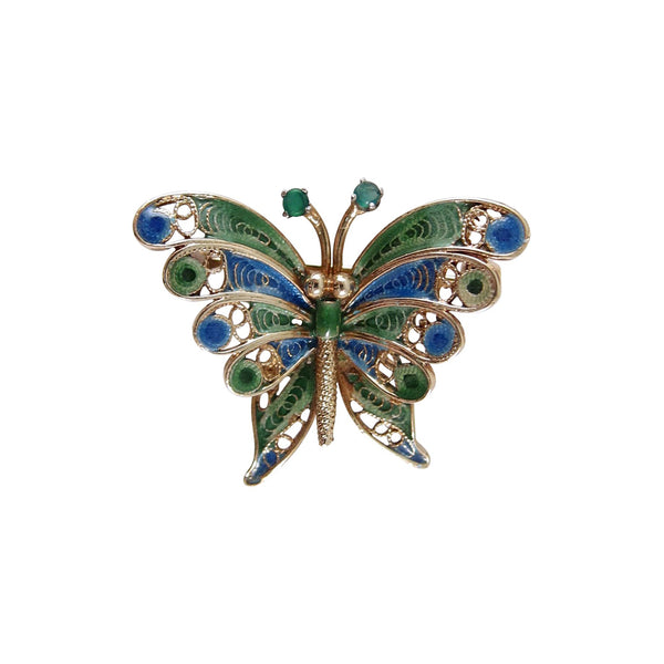 1960s 14K Gold Butterfly Brooch Filigree, Enamel, and Emerald Antennae