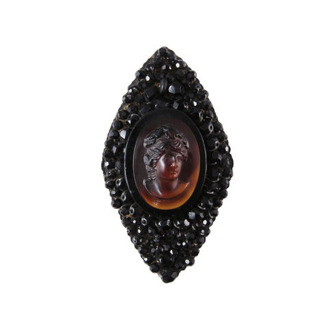 1980s Artisan Cameo Brooch in French Jet and Tortoise Glass